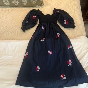 Mi Golondrina Blue Maxi Dress with Puff Sleeves and Square Neck